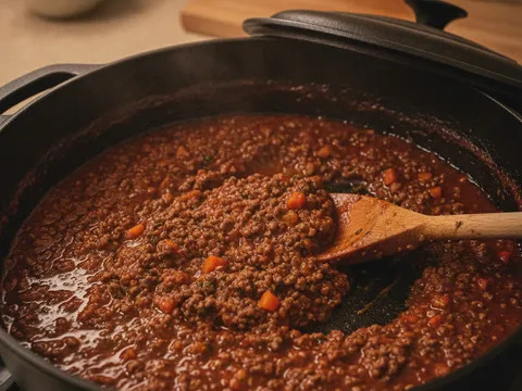 Sos bolognese daging cincang mereneh perlahan dalam periuk sehingga pekat dan berkilat dengan gelembung kecil