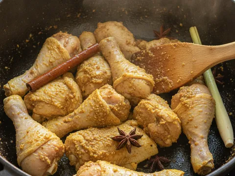 Potongan ayam digaul rata dengan tumisan rempah sup di dalam periuk sehingga bersalut rempah