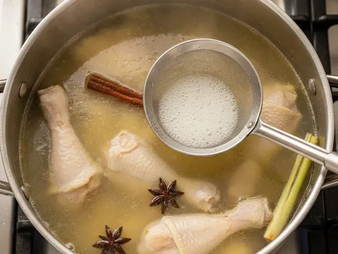 Sup ayam direneh dengan api kecil, buih putih dikutip dari permukaan kuah yang jernih menggunakan senduk