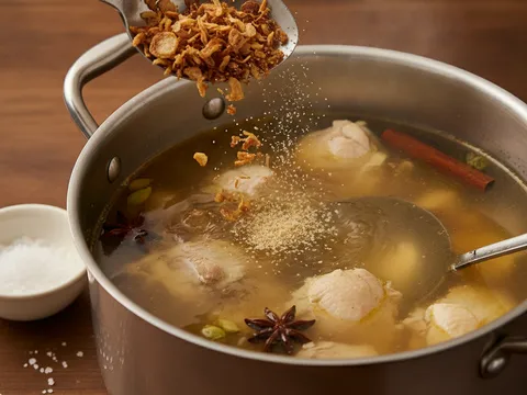 Garam, serbuk lada putih dan bawang goreng dimasukkan ke dalam kuah sup ayam yang jernih dan dikacau perlahan