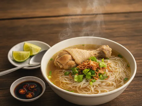 Semangkuk mee-hoon sup ayam siap dihidang, ditabur bawang goreng, daun sup dan daun bawang, dengan limau nipis di tepi