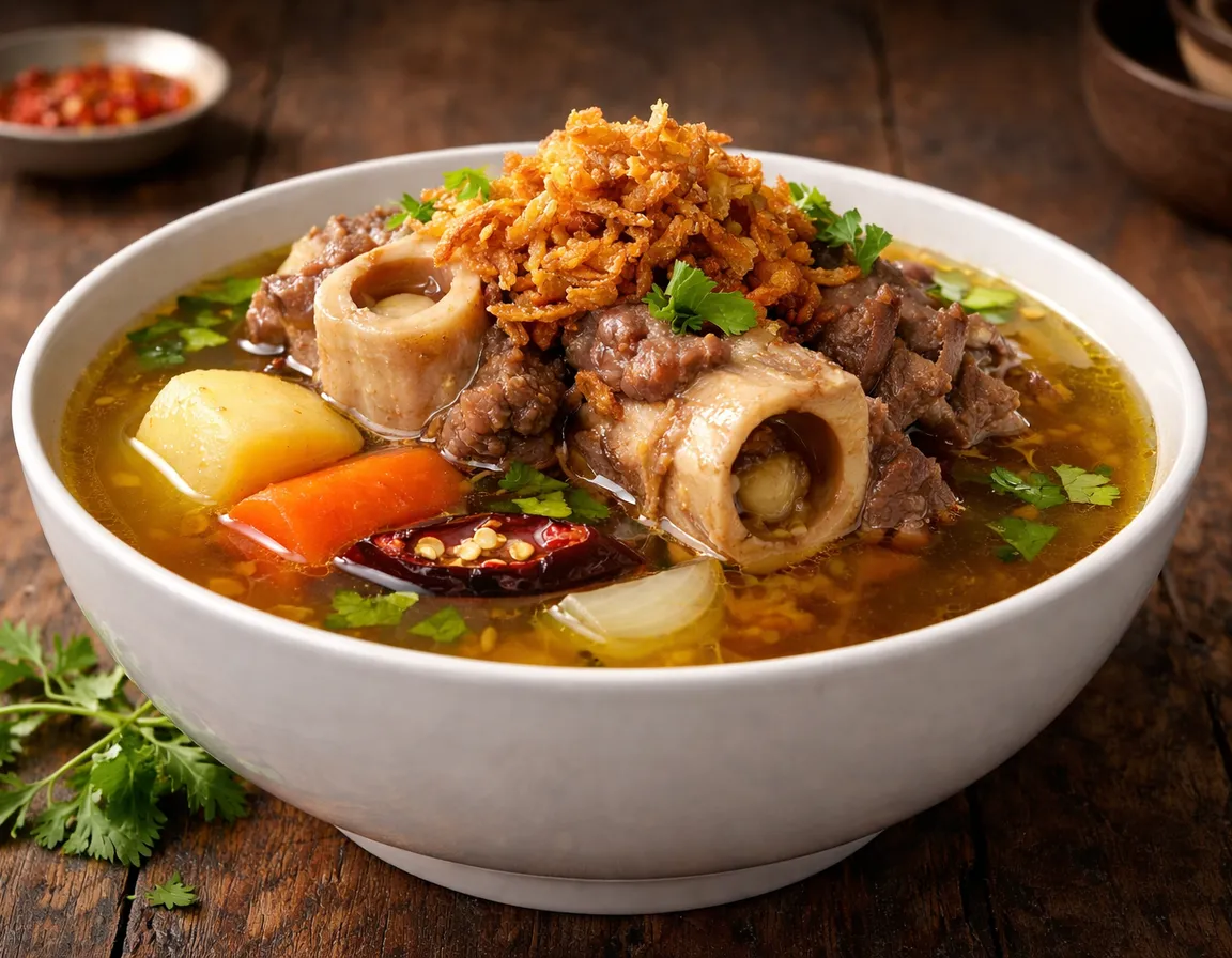 Sup Tulang lembu berkhasiat dengan kuah jernih pekat dan garnish bawang goreng melimpah