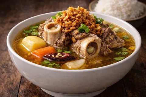 Sup Tulang dihidangkan panas dengan bawang goreng, daun sup, daun bawang dan limau nipis