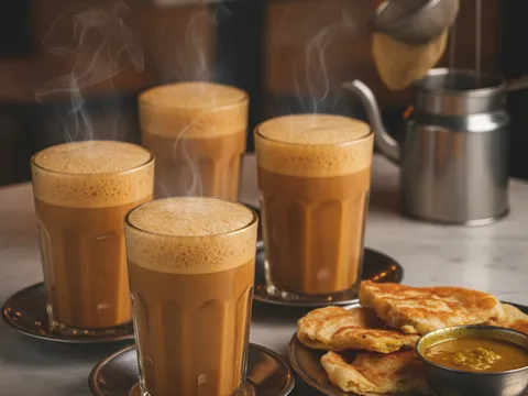 Empat gelas teh tarik panas berbuih halus dihidang di atas meja bersama roti canai