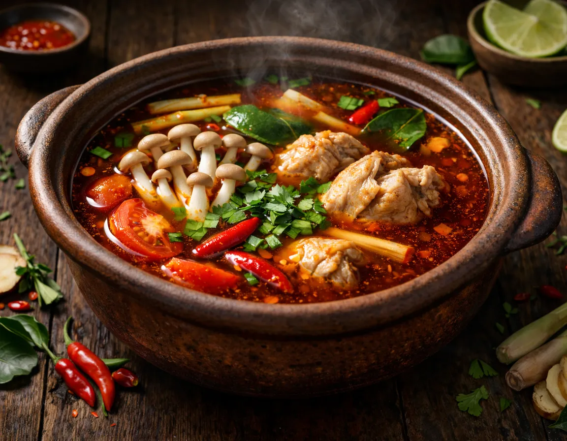Tom Yam Ayam Malaysia — kuah merah jernih wangi dengan serai, cendawan, tomato dan daun ketumbar