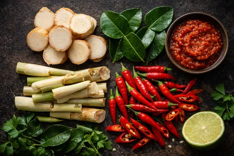 Bahan aromatics tom yam — serai dititik, lengkuas dihiris, daun limau purut dikoyak, akar ketumbar