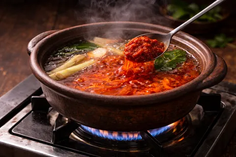 Pes tom yam dimasukkan ke dalam sup yang mendidih dan dikacau sehingga larut sepenuhnya