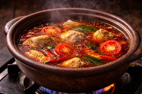 Potongan ayam dimasukkan ke dalam sup tom yam merah yang mendidih dan dimasak sehingga empuk