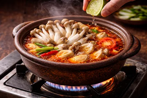 Cendawan butang dan tomato dimasukkan ke dalam sup tom yam merah dan dimasak sebentar