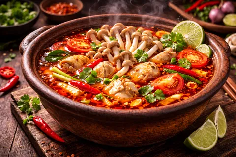 Jus limau nipis segar diperah masuk ke dalam mangkuk tom yam ayam selepas api dimatikan