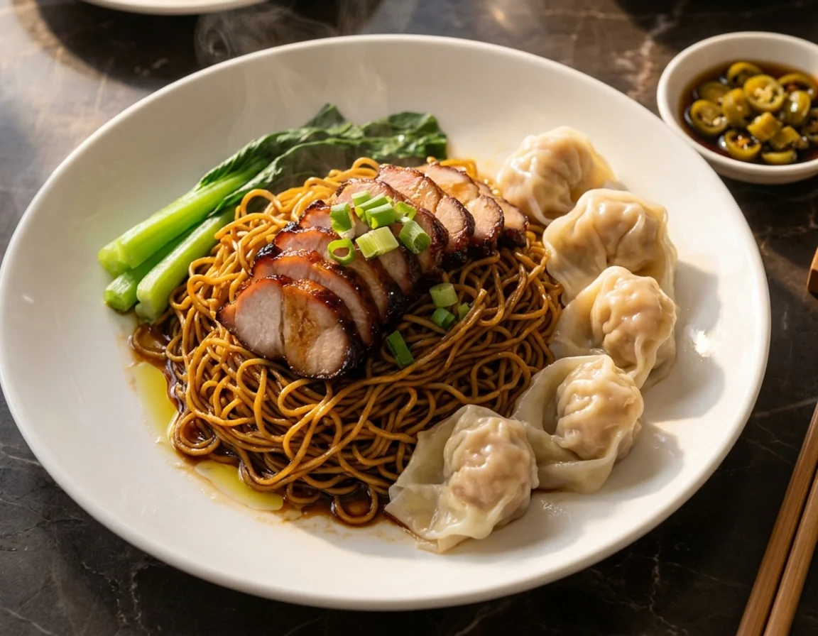 Sepinggan wantan mee halal bergaul kicap dressing gelap berkilat dengan hirisan charsiu ayam madu, wantan rebus dan sawi hijau