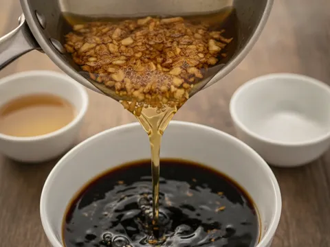 Minyak bawang putih keemasan dituang ke dalam mangkuk kicap dressing gelap berkilat untuk wantan mee